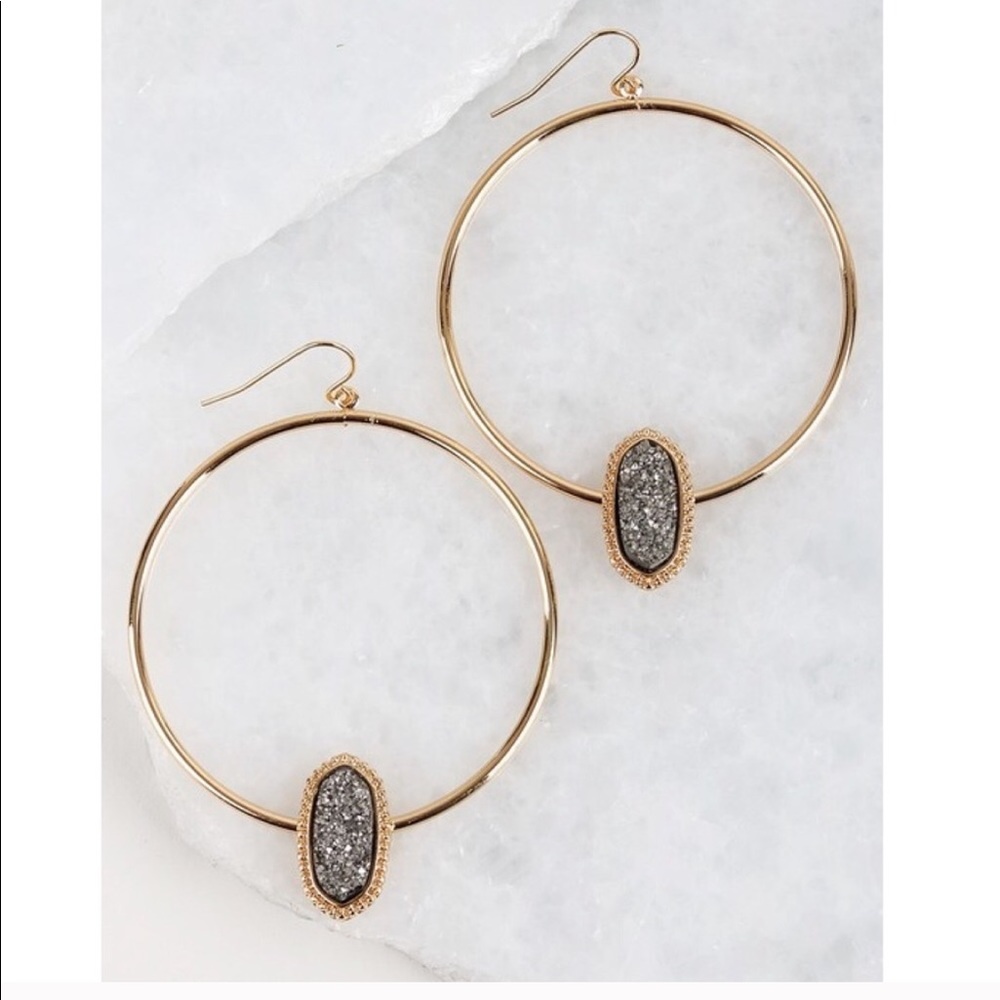 Gold Hoop Earrings with Hematite Druzy Accent.